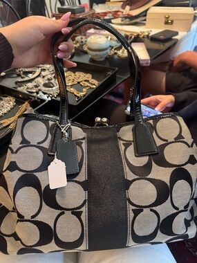 Black and Beige Patterned Tote Handbag